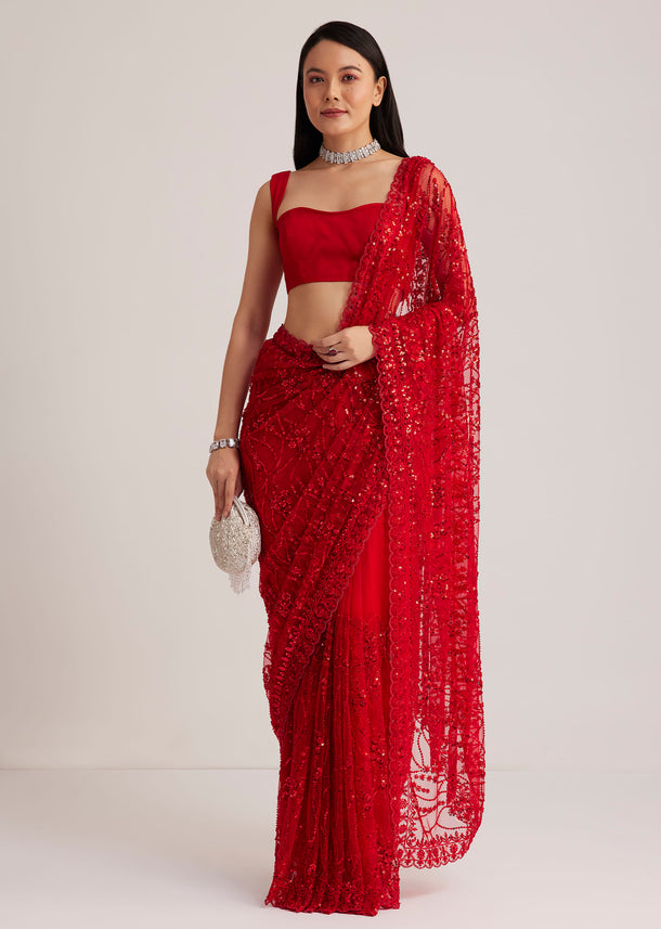 Red Net Saree With Sequins And Stone Detailing