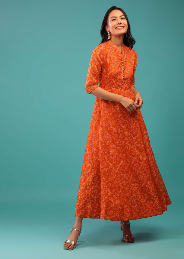 Red Orange Dress With Bandhani Print Made With Kota Silk