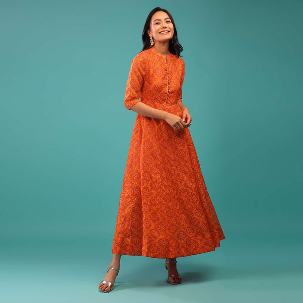 Red Orange Dress With Bandhani Print Made With Kota Silk