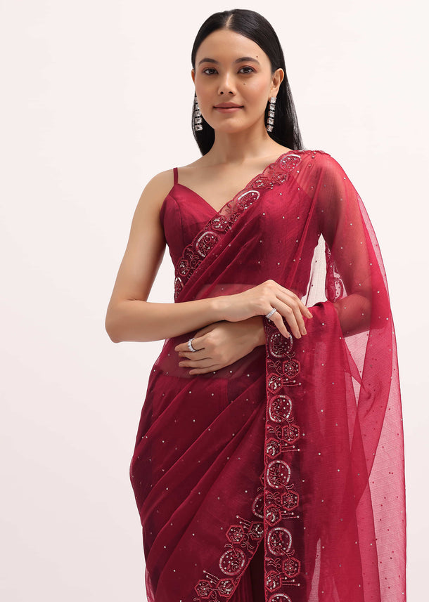 Red Organza Saree In Sequins With Unstitched Blouse