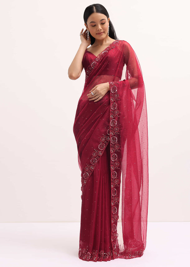 Red Organza Saree In Sequins With Unstitched Blouse