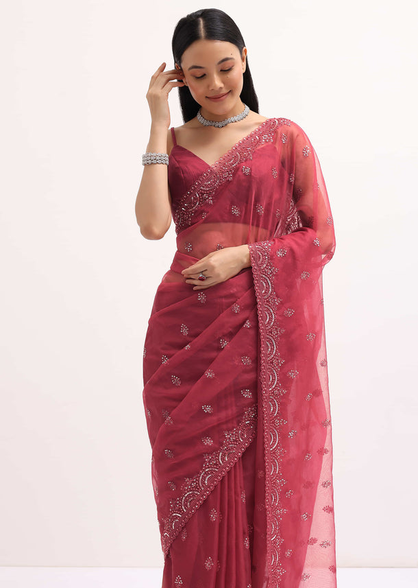 Red Organza Saree With Unstitched Blouse