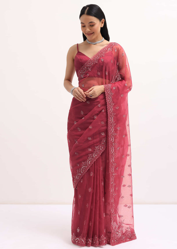 Red Organza Saree With Unstitched Blouse
