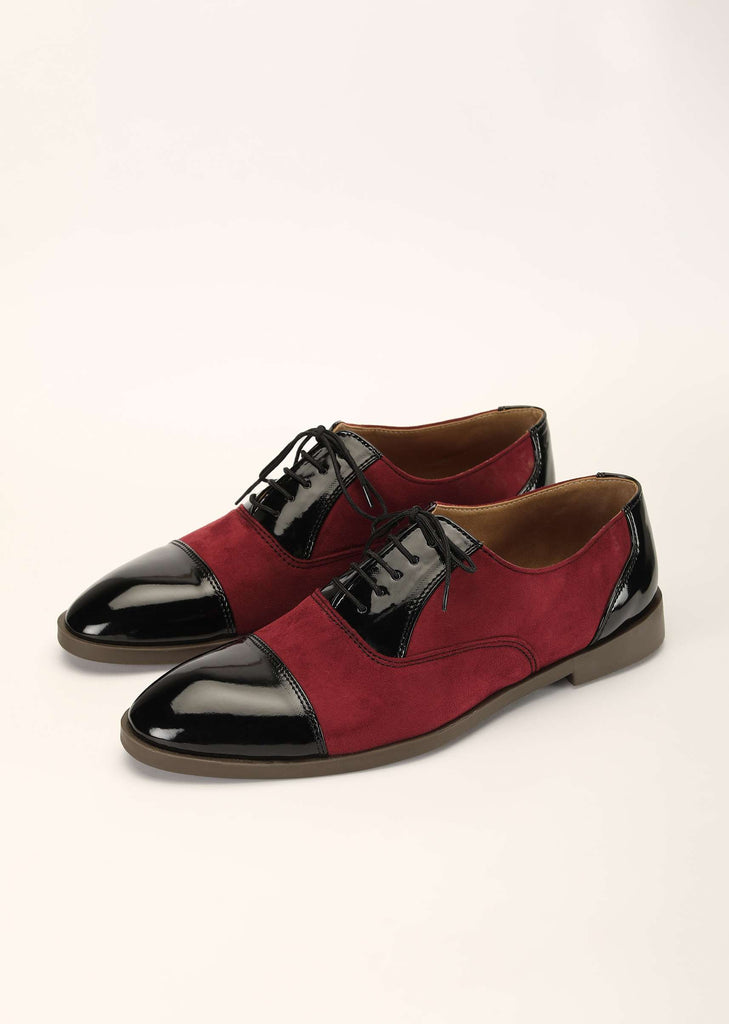 Red Oxfords In Suede With Black Rexine Leather Detailing