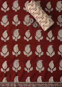 Red Cotton Block Print Unstitched Dress Material