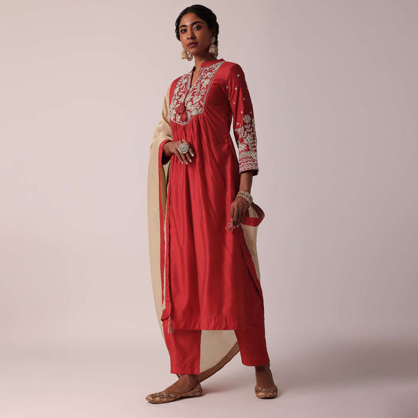 Red Pant Set In Cotton Silk With Pearl Work Kurta