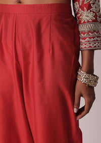 Red Pant Set In Cotton Silk With Pearl Work Kurta