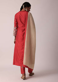 Red Pant Set In Cotton Silk With Pearl Work Kurta