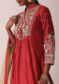 Red Pant Set In Cotton Silk With Pearl Work Kurta