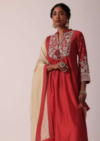 Red Pant Set In Cotton Silk With Pearl Work Kurta