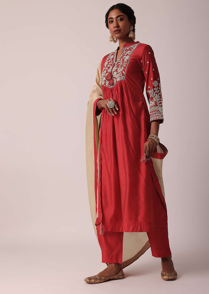 Red Pant Set In Cotton Silk With Pearl Work Kurta