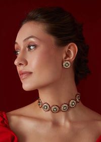 Red Polki Choker And Earring Set In Gold Plated Silver Alloy