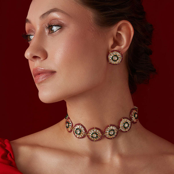 Red Polki Choker And Earring Set In Gold Plated Silver Alloy