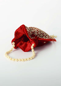 Red Potli Bag In Velvet With Cut Dana And Beads Embroidered Jaal