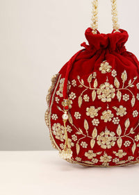 Red Velvet Potli  With Hand Embroidery Detailing Using Zardosi And Moti Embroidered Floral Design