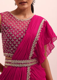 Red Pre Pleated Frill Saree With Belt And A Stitched Blouse