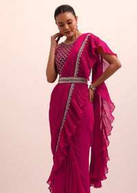 Red Pre Pleated Frill Saree With Belt And A Stitched Blouse