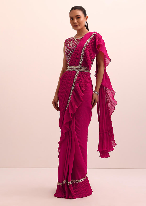 Red Pre Pleated Frill Saree With Belt And A Stitched Blouse