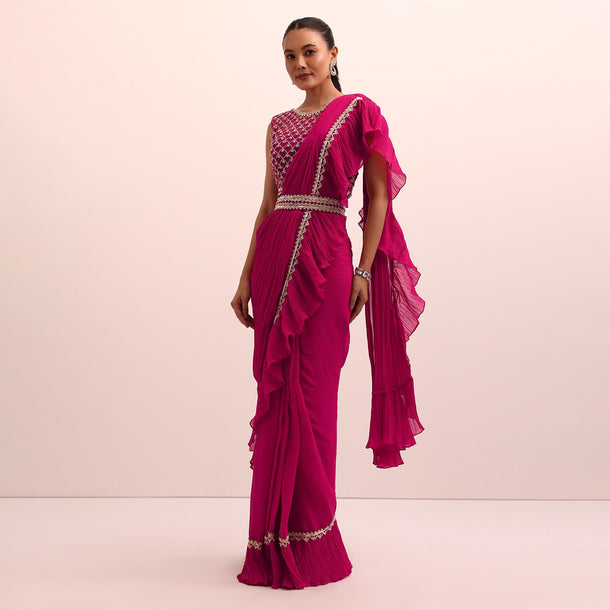 Red Pre Pleated Frill Saree With Belt And A Stitched Blouse