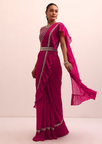 Red Pre Pleated Frill Saree With Belt And A Stitched Blouse