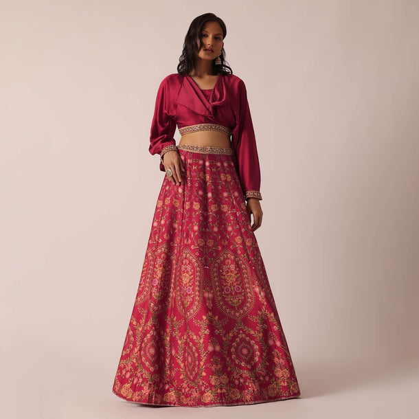 Red Printed Blouse And Lehenga Set With Sequin Work