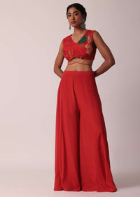 Red Printed Crop Top And Jacket Set In Chiffon