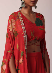 Red Printed Crop Top And Jacket Set In Chiffon