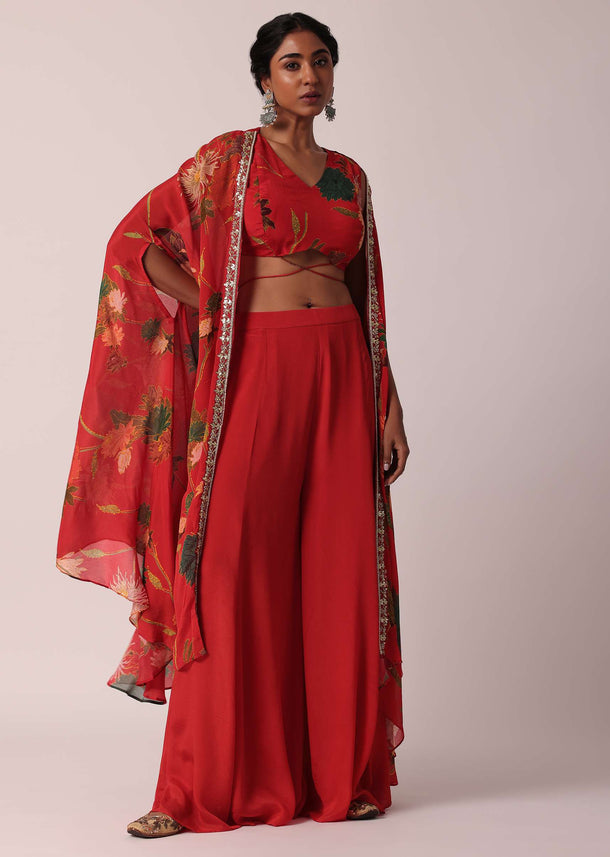 Red Printed Crop Top And Jacket Set In Chiffon
