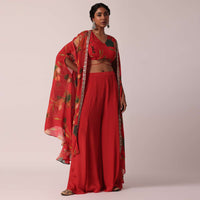 Red Printed Crop Top And Jacket Set In Chiffon