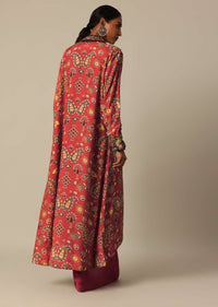 Red Printed Indo Western Jacket And Kurta Set