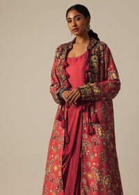 Red Printed Indo Western Jacket And Kurta Set