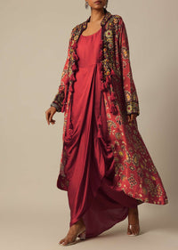 Red Printed Indo Western Jacket And Kurta Set