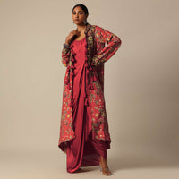 Red Printed Indo Western Jacket And Kurta Set