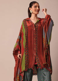 Red Printed Kaftaan Set With Resham And Metal Coin Detailing