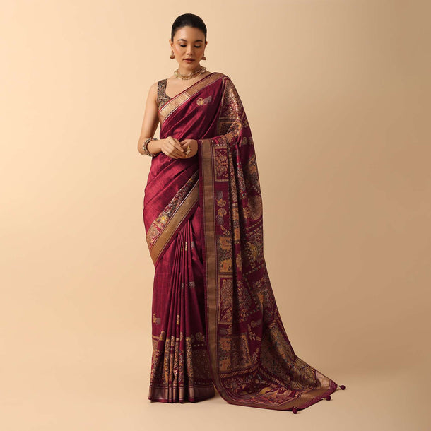 Red Printed Kalamkari Saree In Silk With Unstitched Blouse