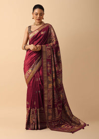 Red Printed Kalamkari Saree In Silk With Unstitched Blouse