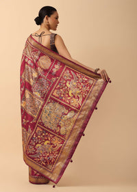 Red Printed Kalamkari Saree In Silk With Unstitched Blouse
