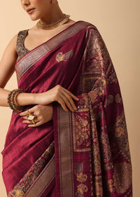 Red Printed Kalamkari Saree In Silk With Unstitched Blouse