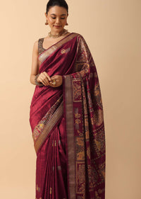 Red Printed Kalamkari Saree In Silk With Unstitched Blouse