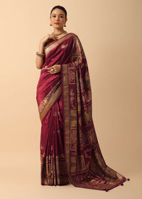 Red Printed Kalamkari Saree In Silk With Unstitched Blouse