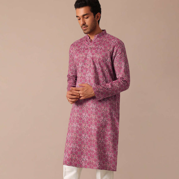 Pink Printed Kurta and Pant Set in Satin