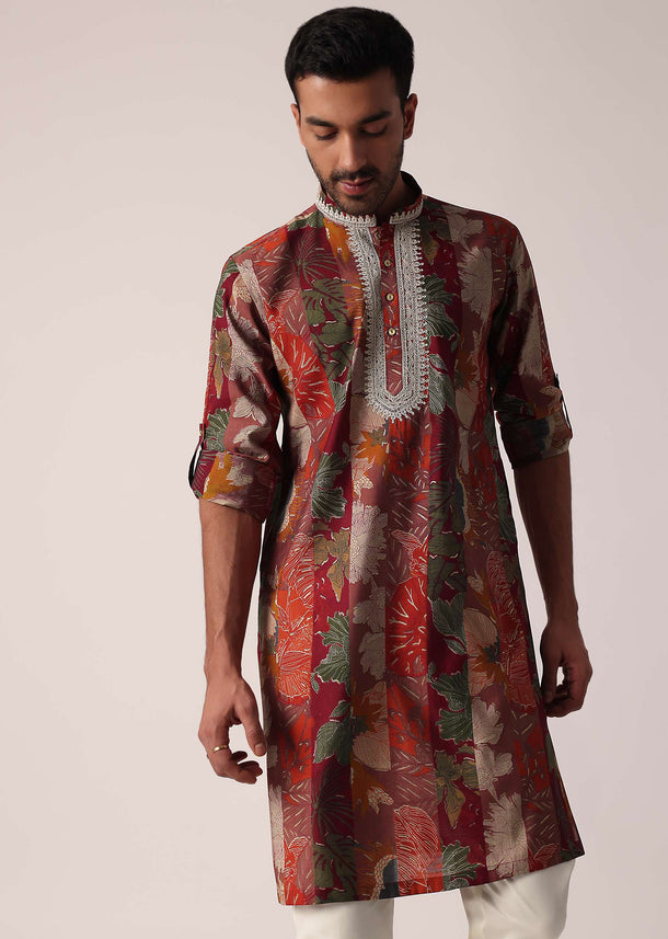 Red Printed Kurta For Men