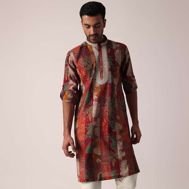 Red Printed Kurta For Men