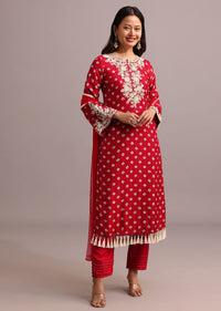 Red Printed Kurta Pant Set With Net Dupatta