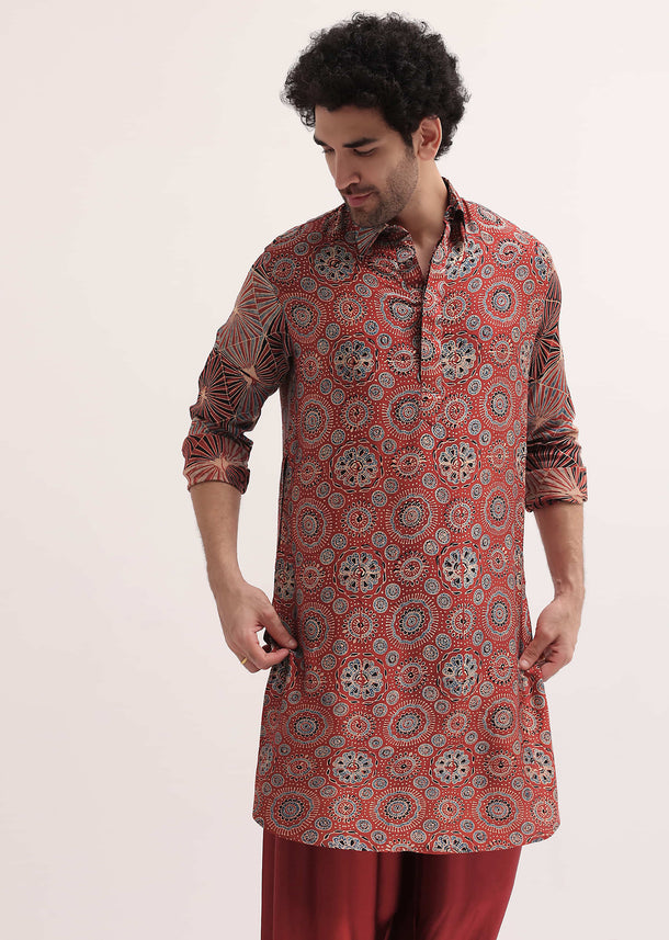 Red Printed Kurta Patiala Set For Men