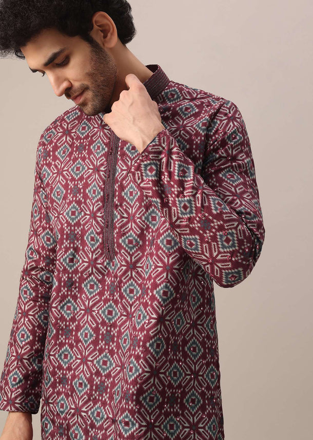 Red Printed Kurta Set In Silk