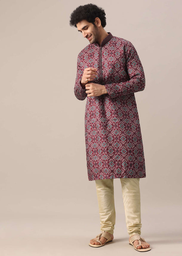 Red Printed Kurta Set In Silk