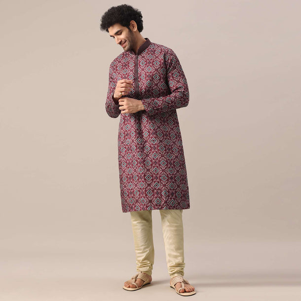 Red Printed Kurta Set In Silk