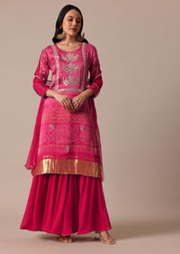 Red Printed Kurta Sharara Set In Silk