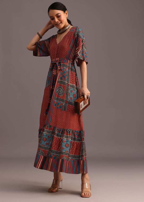 Red Printed Kurti Dress With Front Tie Up